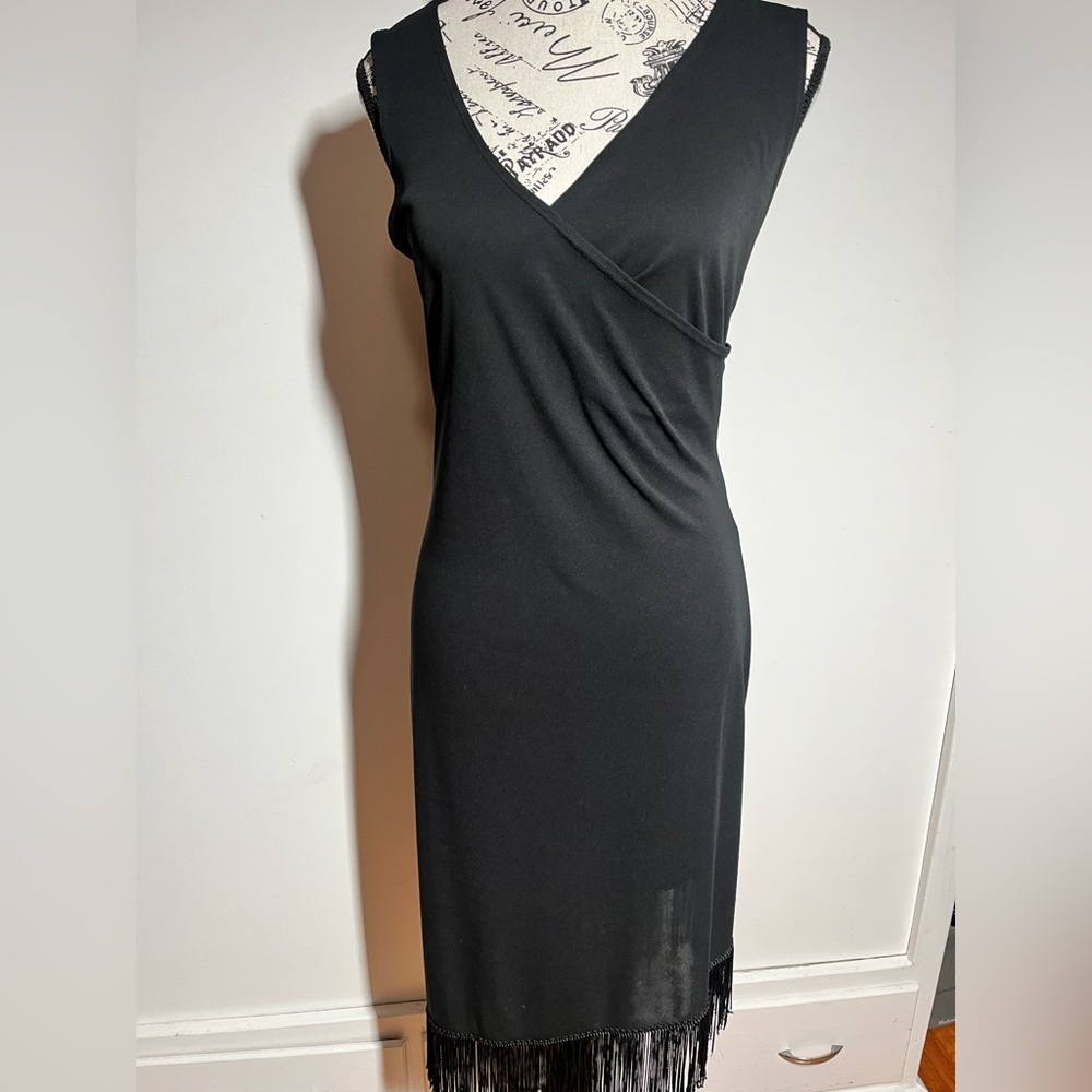 Fringe Hem Black Faux Wrap Dress